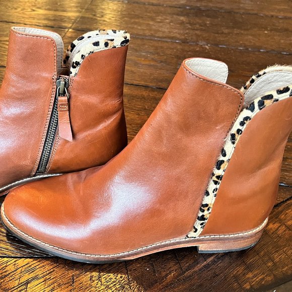 Joules Tan Leather Ankle Boots with leopard trim - Picture 10 of 11